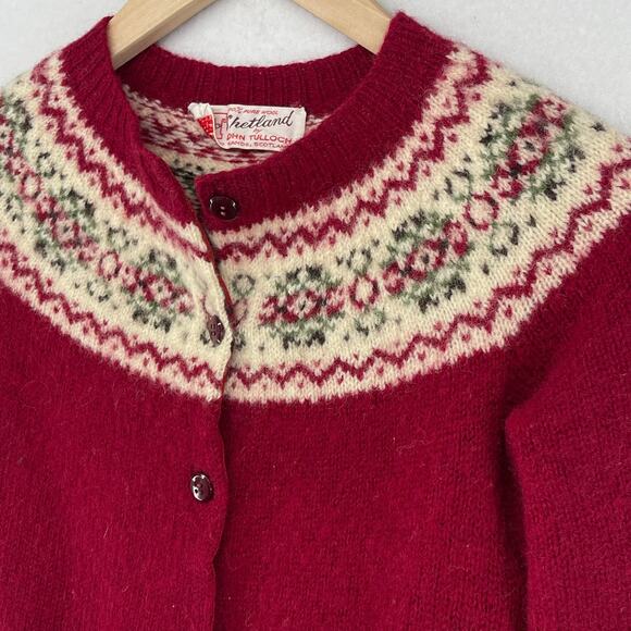 JOHN TULLOCH Sweater Womens XS Shetland 100% Wool Fair Isle Cardigan Red VTG - Picture 7 of 12